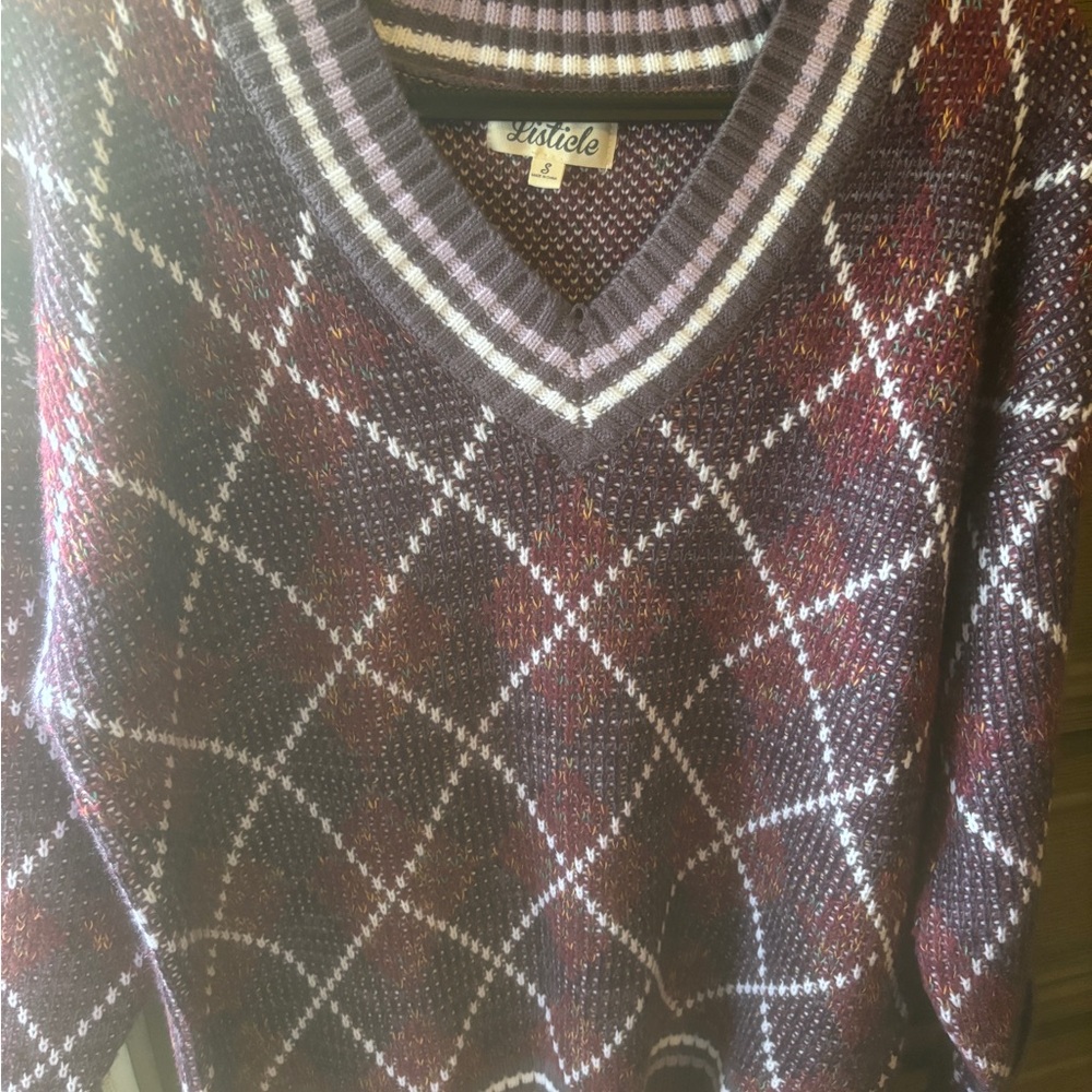 Purple Argyle V-Neck Sweater